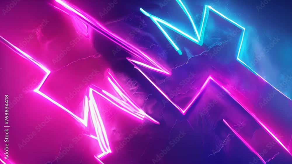 Neon-colored lightning bolts streak across a pink and blue gradient background. Zigzagging trails of light crisscross with wild abandon, creating an energetic and dynamic impression. Neon-colored lightning bolts streak across a pink and blue gradient background. Zigzagging trails of light crisscross with wild abandon, creating an energetic and dynamic impression.