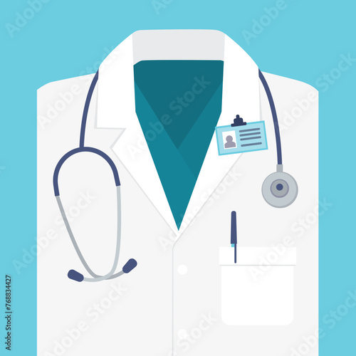 Close up of doctor uniform with stethoscope. Closeup of  doctor or lab worker white coat isolated on blue background. Medical clothes with tools.