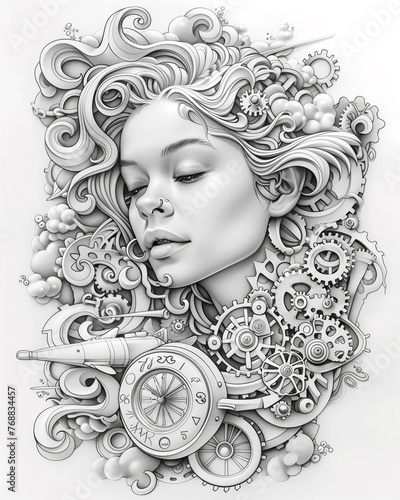 Portrait of a girl in steampunk style with mechanisms, gears, watch dials. made in the style of a page for a coloring book.