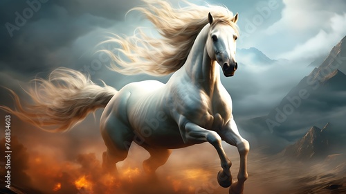 Fantasy Illustration of a wild Horse. Digital art style wallpaper background.