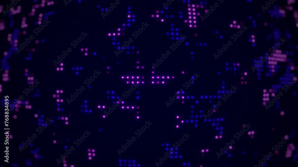 Abstract LED glowing pixel background in violet blue colors. Flickering dispatcher panel, digital, digital world map on a dark blue background. Neon light Looping animation, Seamless video. Abstract LED glowing pixel background in violet blue colors. Flickering dispatcher panel, digital, digital world map on a dark blue background. Neon light Looping animation, Seamless video.