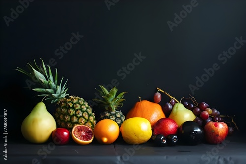 Includes fruit, black background