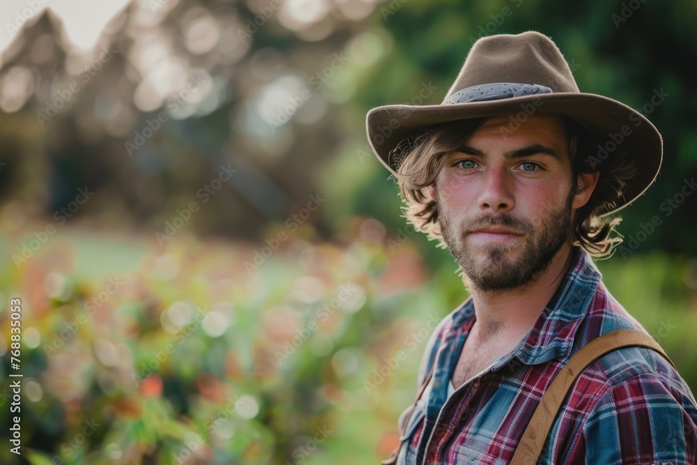 A handsome American in a hat on the farm
