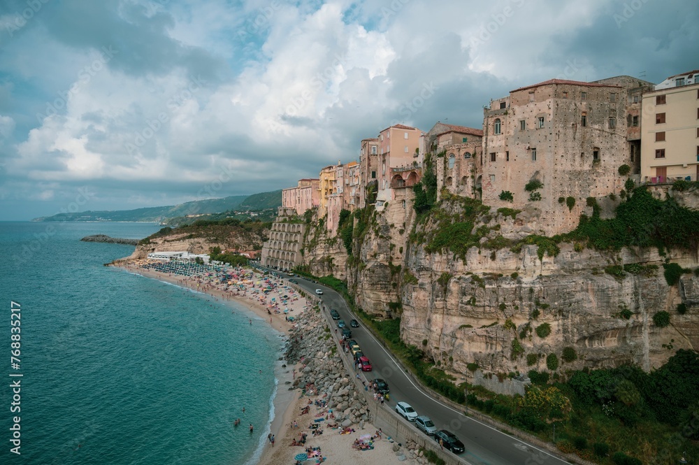 Aerial view of the village of Tropea in Calabria with its clear Caribbean sea.