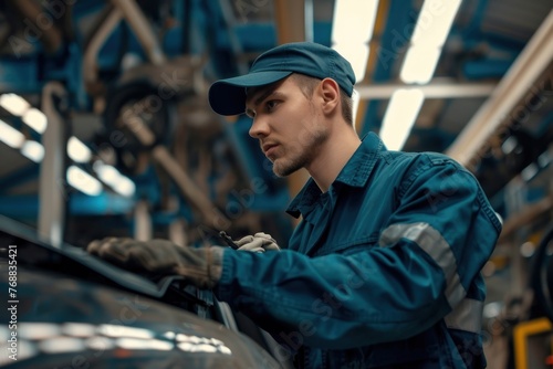 A male worker in uniform that is repairings an automobile © Igor