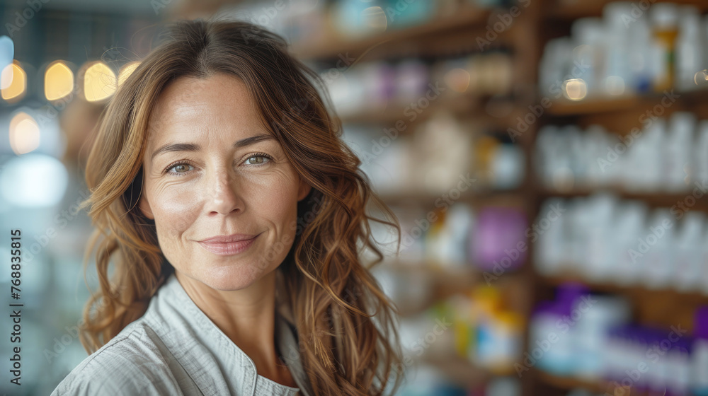 Portrait of a woman pharmacist, blurred pharmacy background. Pharmacy and medicine concept.