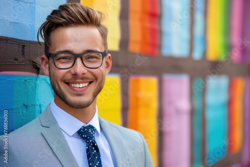 A young dynamic businessman smiling, lively and colorful backdrop