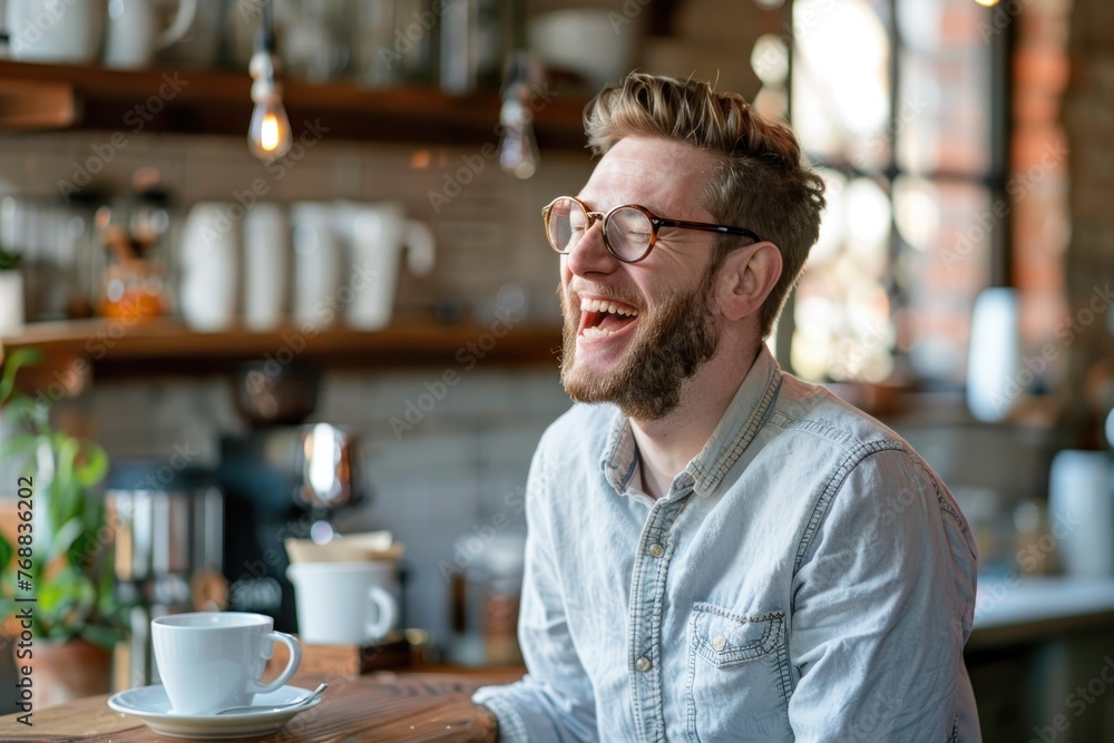 A young professional drinking coffee laughing A young professional drinking coffee laughing
