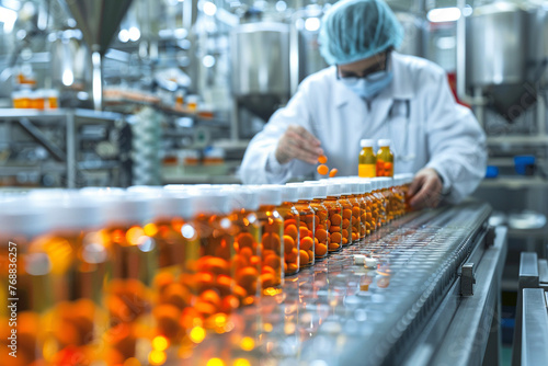 Dietary supplement experts are inspecting the quality of dietary supplement production for a new option for health care and maintenance, in a clean and modern production facility, Realistic Photo
