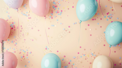 Colourful birthday baloon photo frame background, in the style of naturalist aesthetic