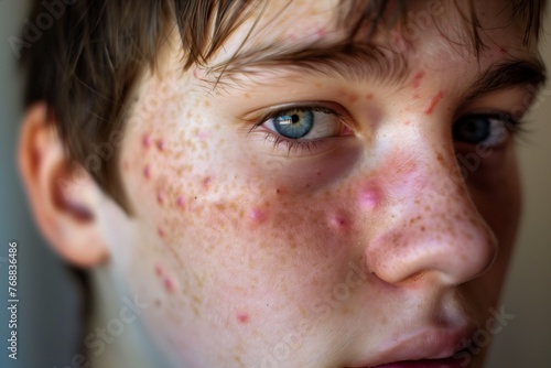 young adult staring at the camera, rosacea visible across the face photo