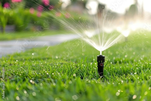 Automatic sprinkler system watering the lawn photo