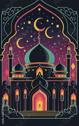 2d vector illustration art colorful Ramadan mosque professional shirt design, illustration, typography, dark fantasy
