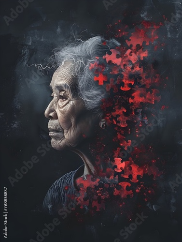 Puzzle-like Portrait of an Old Woman in Silver and Red Tones