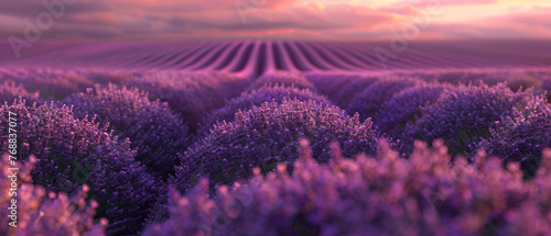 Panoramic view captures the beauty of lavender fields  creating a colorful meadow backdrop. Ideal for background use  conveying tranquility and natural splendor.