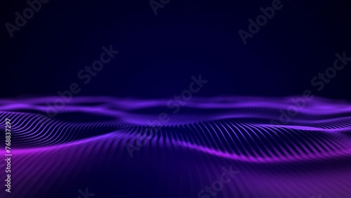 Abstract waves oscillation. Abstract glowing digital cyber wave made particles dots moves purple background. Purple digital waves with light reflections on dark purple. Ultra HD, 4K, video loop.