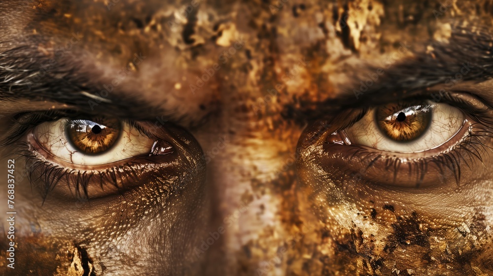 Macro shot of human eyes with a captivating golden texture overlay