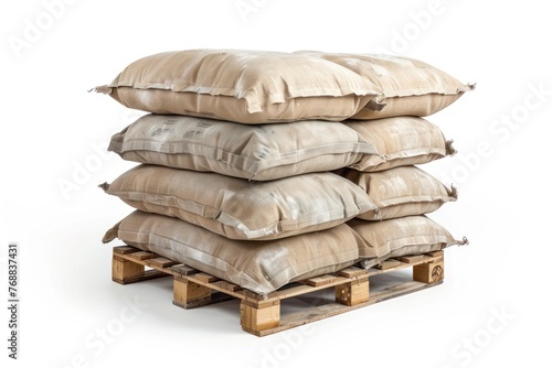 Cement bags stored on construction pallets Isolated on white background