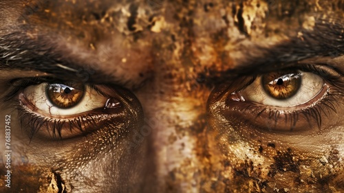 Macro shot of human eyes with a captivating golden texture overlay