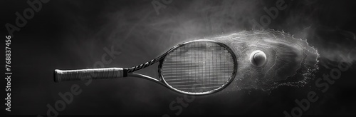 Tennis racket racquet isolated against a black background in black and white