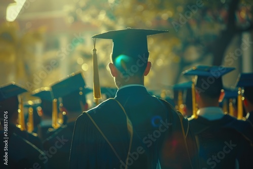 Rear view of university graduates wearing graduation gown and cap in the commencement day