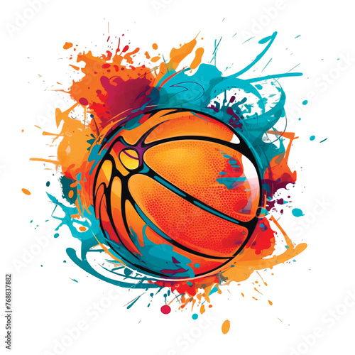 Graffiti style drawing orange color basketball pattern background illustration with colorful doodle splashes, splatters. Isolated painted basketball ball on white background. Sports trendy design © Naila Zeynalova