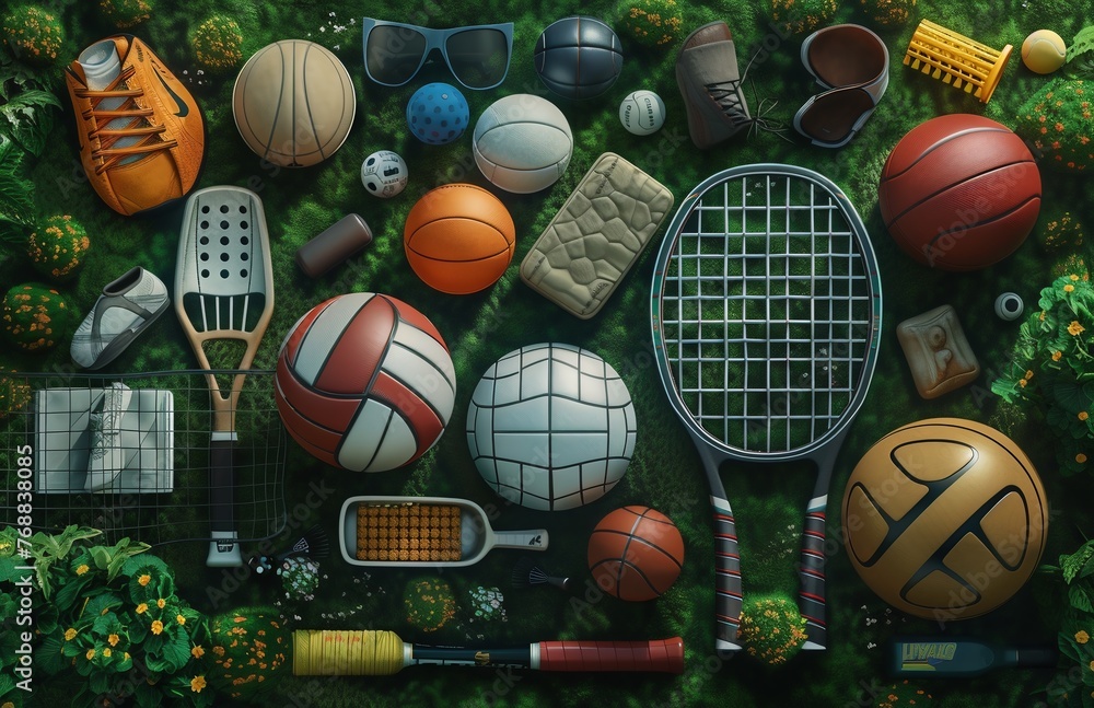 Sport games background - basketball, soccer ball, rackets, sneakers - copy space