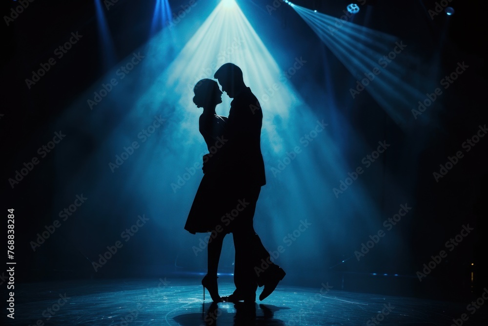 couple Dance tango in dance dark studio spot light on scene