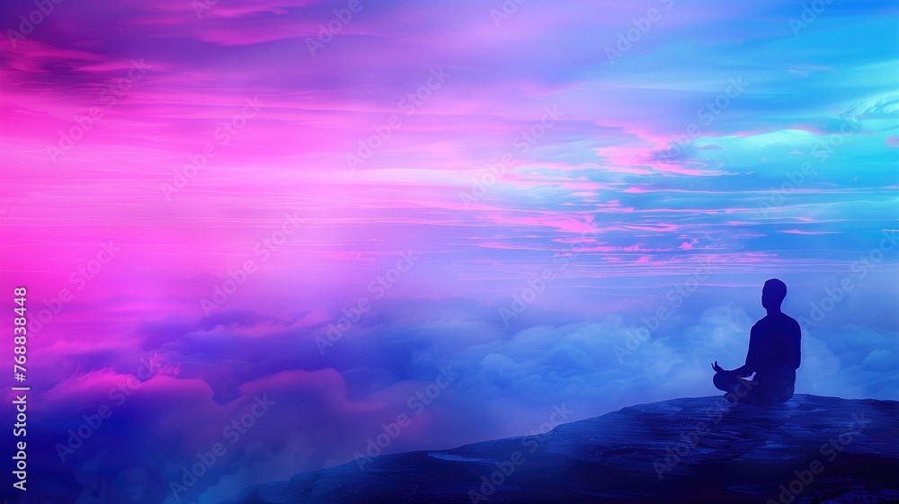 Meditative person silhouetted against a vibrant sky Meditative person silhouetted against a vibrant sky