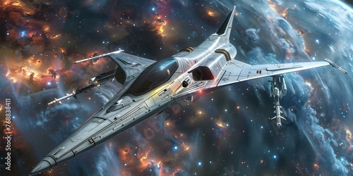 Sleek Futuristic Fighter Jet Featuring Advanced Technology in a Galactic Setting. Concept Futuristic Technology, Advanced Fighter Jet, Galactic Setting, Sci-Fi Concept, Sleek Design photo
