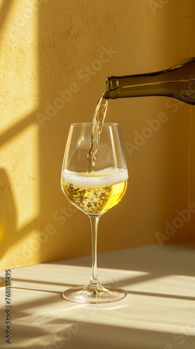 wine pours from a bottle into a glass, mockup, photo, minimalism, banner, plain background