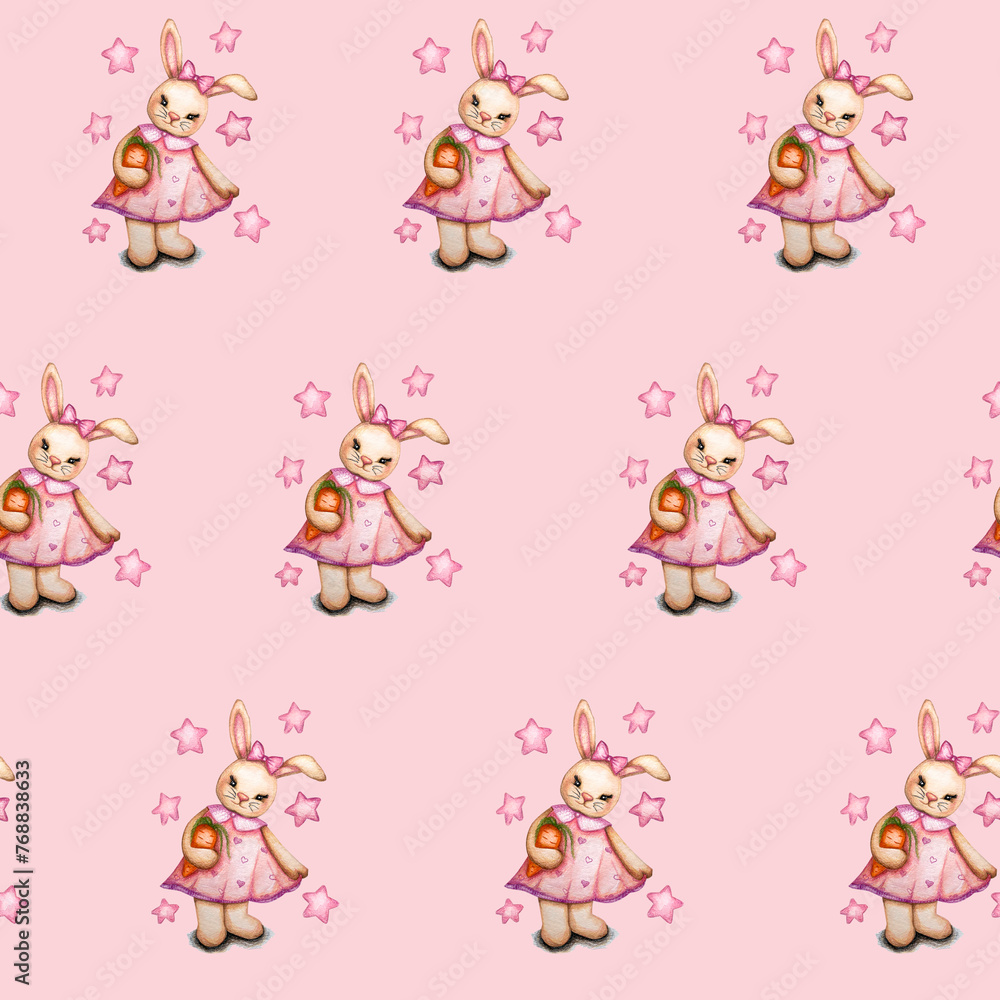 Seamless pattern with cute rabbits illustration. Hand drawn cute bunny in pink dress pattern, print design rabbit background, children print textile design
