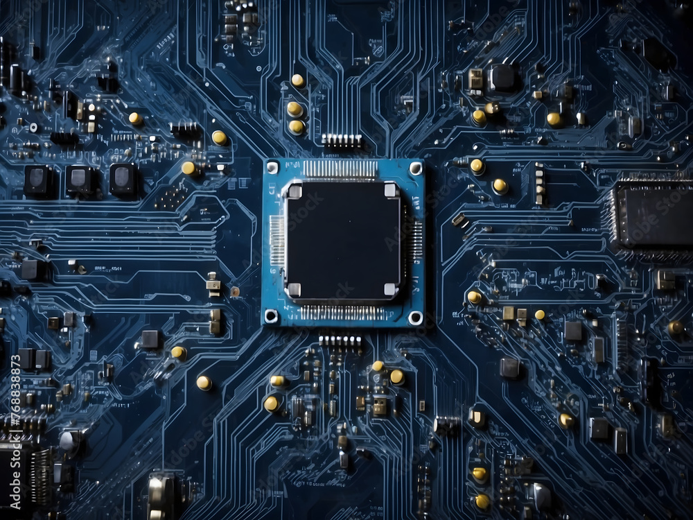 Blue neon computer motherboard background - technology design.