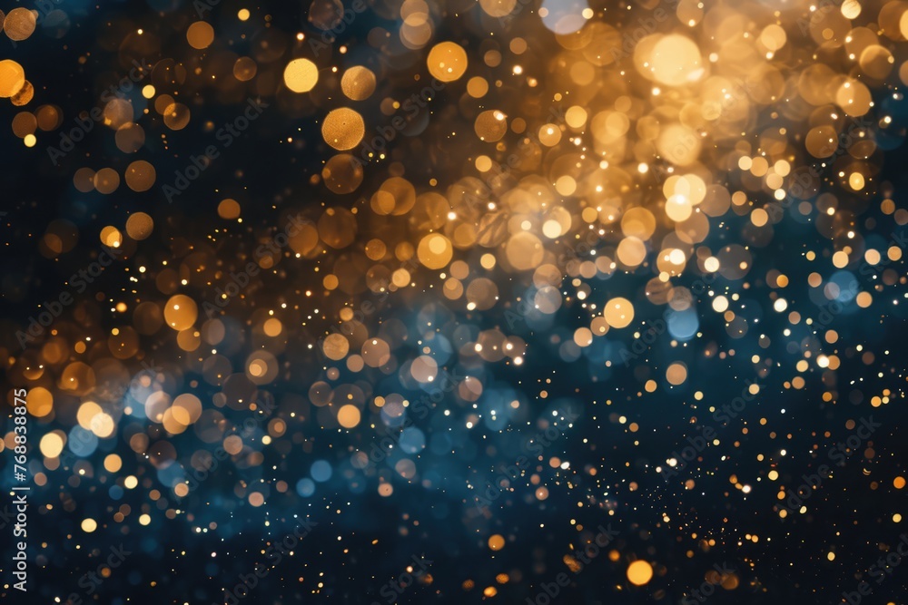Scattered golden particles on a dark background for graduation event, birthday, party