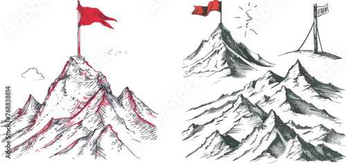  Hand drawn sketch mountains, path to top and climbing journey plan vector illustration set