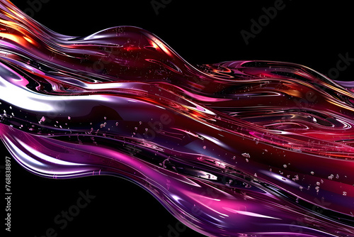 abstract 3D background in the form of a transparent violet-red wave on a black background, liquid glass texture, purple and red iridescent shiny wave
