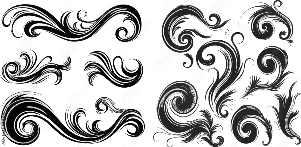 Swirled plume curly tails sport logo. Swish black retro style text font for football baseball and athletics