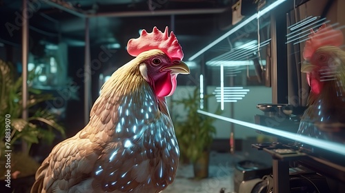 Cybernetic chicken exploring its surroundings in a smart farm house, filled with the latest technology