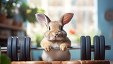 Cute Easter bunny working out with weights, suitable for Easter holiday greeting cards and social media posts