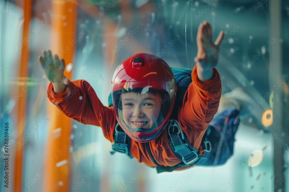 Free falling of a child boy in a simulator at a city skydiving center ...