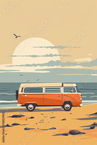 van bus with sun at the beach, flat design, minimalist drawing