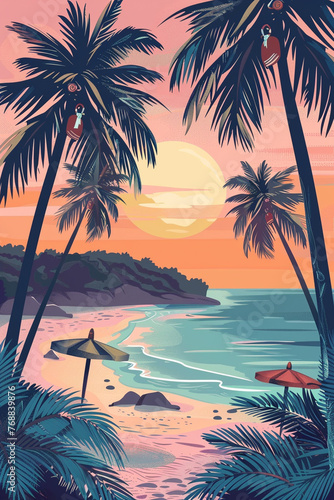 a poster image in the art nouveau style  of palm trees  sunset  beach  beach umbrella