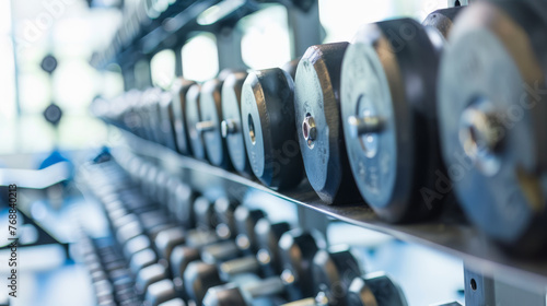Dumbbells arranged tidily on a shelf in the gym, poised for workouts. The orderly presentation of weights ensures convenience and accessibility for gym enthusiasts. photo