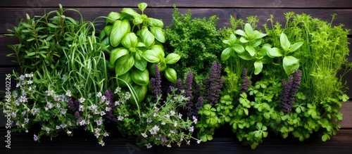 A variety of fresh herbs such as chives, mint, bilberry, and basil are displayed on a tabletop. Each herb has distinct characteristics and colors, creating a vibrant and fragrant display.