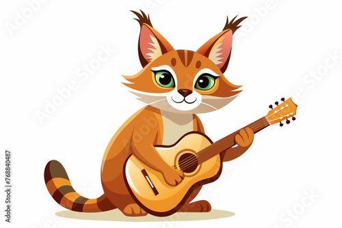 Cute Caracal cat playing acoustic guitar high detail white background