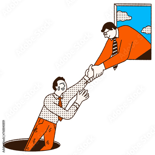 Businessman reaching his hand to help another man from problem or obstacle. Metaphor to support, help, and care concept. Outline, thin line art, hand drawn sketch, ink drawing style.