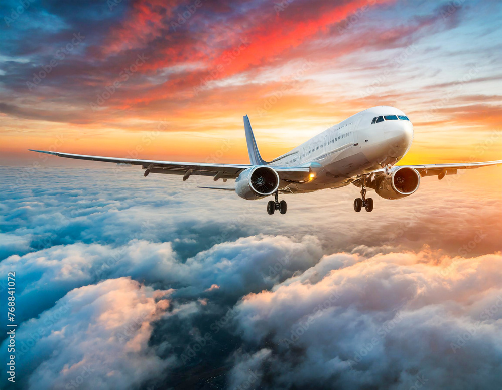 Commercial airplane flying above dramatic yellow clouds during sunset 