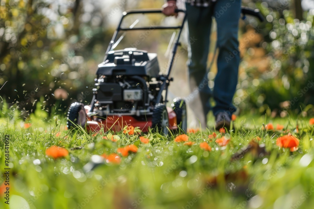 man is mowing the grass with a lawn mower