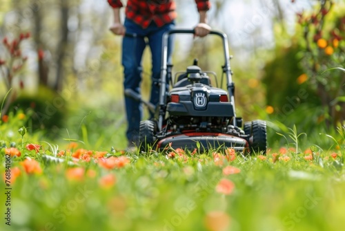 man is mowing the grass with a lawn mower