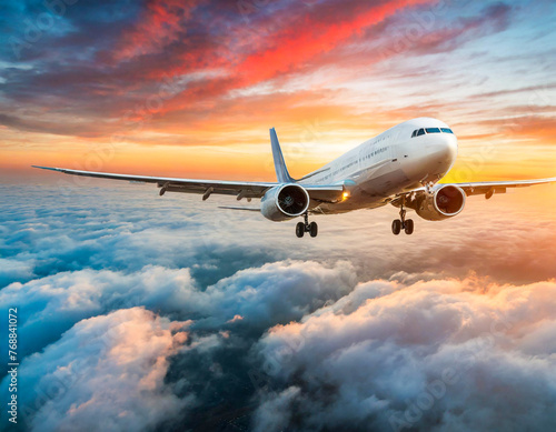 Commercial airplane flying above dramatic yellow clouds during sunset 